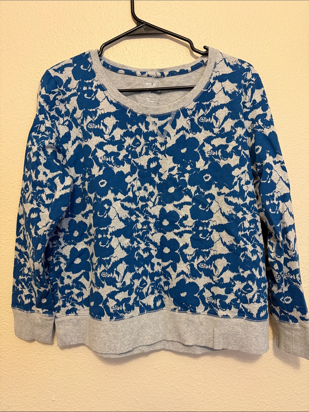 Style & Co. Blue and Gray Floral Crewneck Sweater
